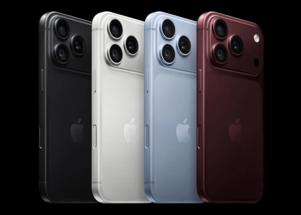iPhone 18 Pro set bagfra i farverne sort, sølv, gletsjerblå og bordeaux