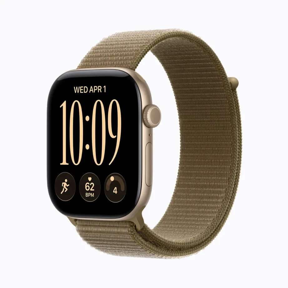Apple Watch Series 12 i aluminium i farven lyst guld.