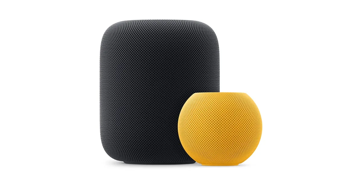 En HomePod og en gul HomePod mini