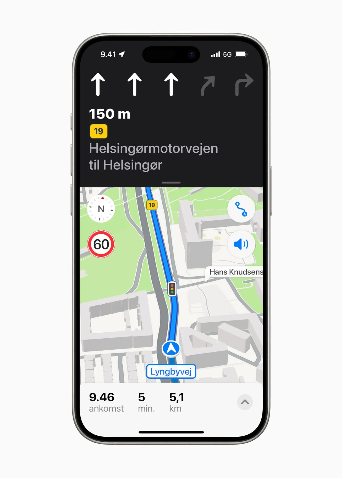 Apple Kort på iPhone med rutevejledning ad Helsingørmotorvejen