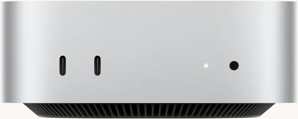 Mac mini set forfra med Thunderbolt-porte og statusindikatorlys