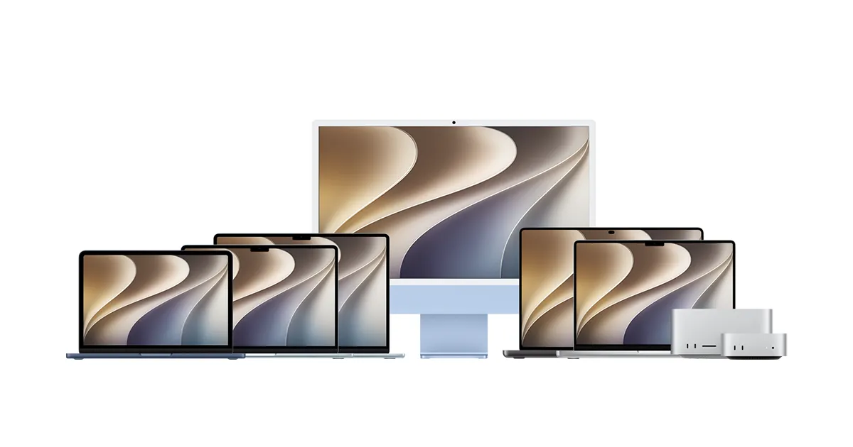 Apples Mac-computere stillet op ved siden af hinanden på Apples produktside